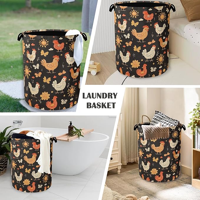 Cute Roosters Laundry Basket,Flower Butterfly Foldable with Handles Tote Bag Oxford Cloth for Bathroom Bedroom Dirty Clothes Storage Bucket 16" x 20.8"