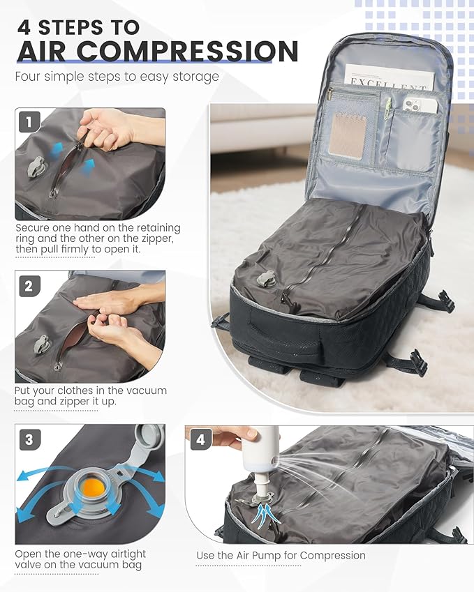 suwasp Vacuum Backpack Travel with Pump, Travel Backpack for Women Men, Personal Item Carry on Backpacks Flight Approved, Vacuum Compression Bags with Laptop Compartment/Shoe Compartment, BlackGrey