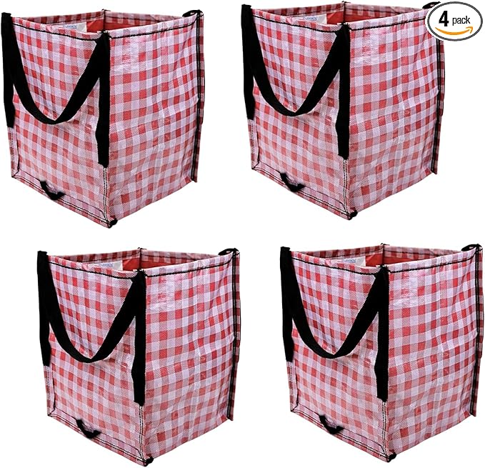 DURASACK Heavy Duty Storage Tote Bag 22-Gallon Rugged Woven Polypropylene Moving Bag, Reusable Self-Standing Design, Holds up to 500 Pounds, Pack of 4, Gingham Red