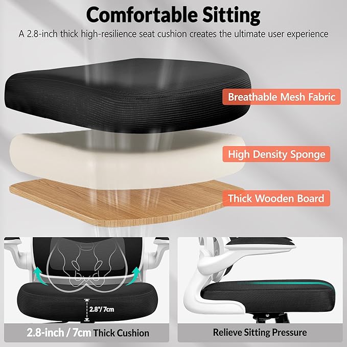 Office Chair Ergonomic Desk Chair, Breathable Mesh Comfy Chair with Lumbar Support, Computer Chair, Home Desk Chair with Flip-up Armrests, Gaming Chair for Adults Home Office (White)