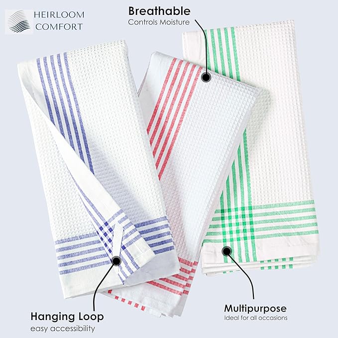 Multicolor Kitchen Towels 12 Pack, 16x26 Inch, Waffle Weave, Quick Dry, Absorbent, Durable Dish Towels for Drying, Cleaning, Cooking, Daily Kitchen Use, Indigo Blue, Red, Dark Green