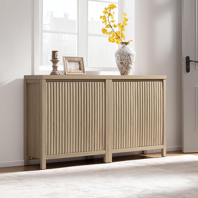 SICOTAS Sideboard Buffet Cabinet with Storage, Fluted Credenza Console Cabinet with Adjustable Shelves, Farmhouse Coffee Bar Storage Cabinets for Kitchen, Living Room, Entryway, Light Oak, 3 PCS