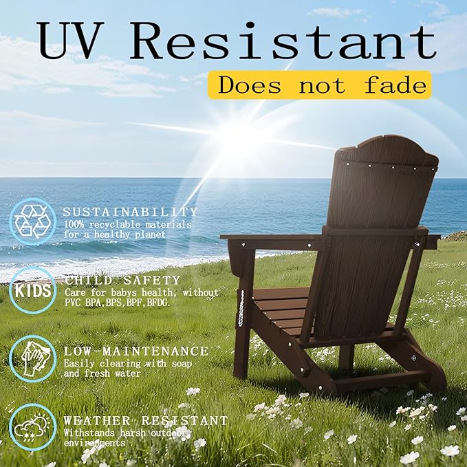 Adirondack Chair Set of 8, Folding All-Weather Outdoor HDPE Patio Chair with Cup Holder, Brown