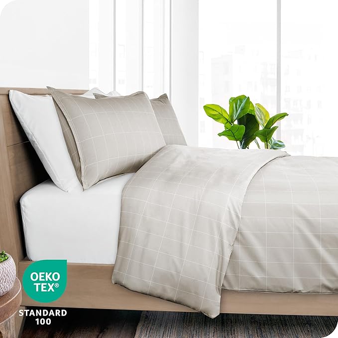 Bare Home Bedding Duvet Cover Extra Long - Premium 1800 Super Soft Collection - Lightweight, Duvet Cover - Soft Textured (Twin/Twin XL, Grid - Stone/White)