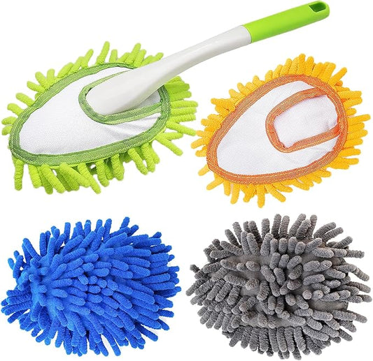 Microfiber Duster for Cleaning, Hand Washable Dusters with 4 pcs Replaceable Microfiber Head,Wet and Dry Use, Detachable Cleaning Supplies for Office, Car, Window, Furniture, Wall