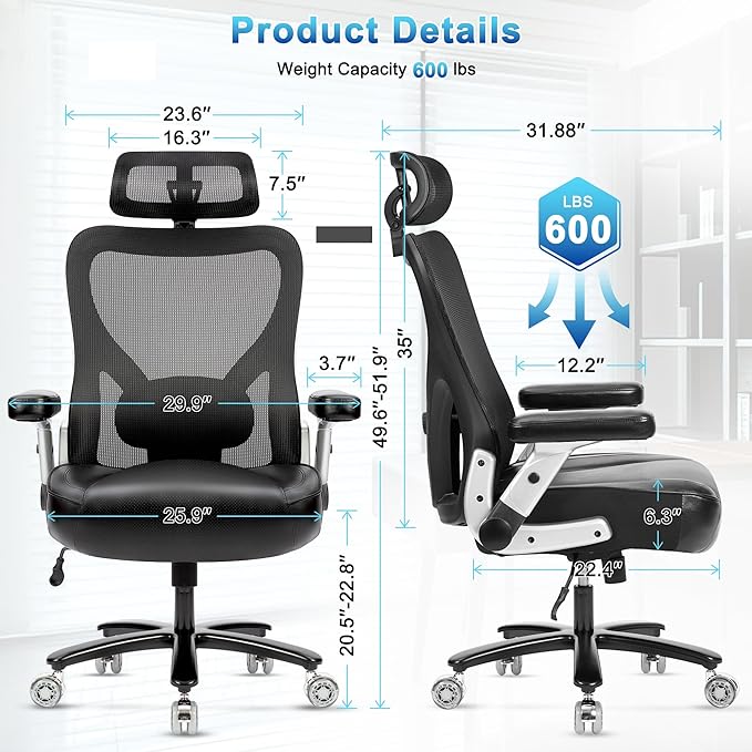 Super Big and Tall Office Chair 600lbs- Heavy Duty Executive Computer Chair with Rubber Wheels 3D Flip Arms, Ergonomic Mesh High Back Desk Chair, Extra Wide Seat Adjustable Lumbar Support&Headrest