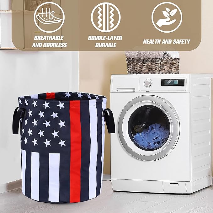 American Flag Thin Red Line Laundry Basket Foldable Oxford Cloth Funny Tote Bag Laundry Hamper Clothes Storage Bucket Organizer For Bathroom/Laundry Storage /Bedroom17.7x13.7 Inch