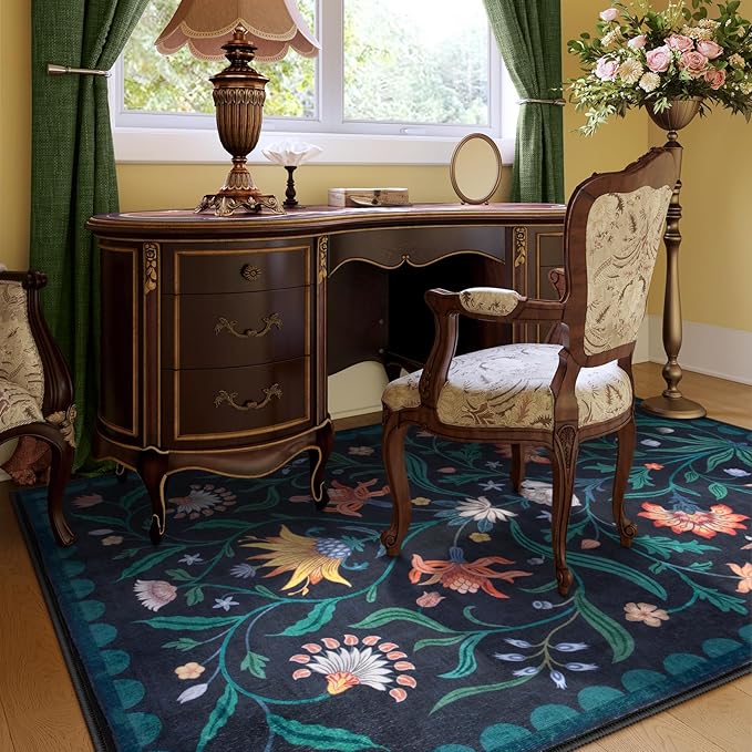 Lahome Boho Floral Washable Blue 5x7 Area Rugs for Living Room, Non Slip Rugs for Bedroom Entryway, Indoor Ultra-Thin Throw Dining Room Carpet for Under Table Kitchen Dorm(Dark Blue,5x7)