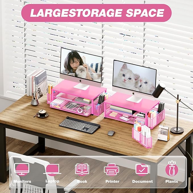 OPNICE Desk Organizer and Accessories, 2-Tier Computer Monitor Stand with Drawer and 2 Pen Holders, Laptop Stand, Office Desk Accessories for Office Supplies, Carmine Rose