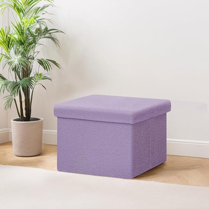 PINPLUS Storage Ottoman Cube Ottoman Foot Rest,Small Foldable Portable Boucle Upholstered Sherpa Ottomans, Faux Teddy Fur, Purple 16.5"x12.6"x12.6"