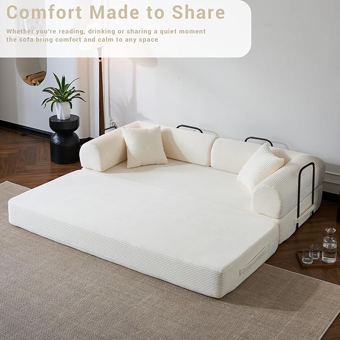 Compressed Sofa, Convertible Sofa Bed, Corduroy Compression Boneless Couch with Pillow, Comfy Modular Foldable Floor Sleeper Sofa for Bedroom, Living Room, Lounge, Studio (White)