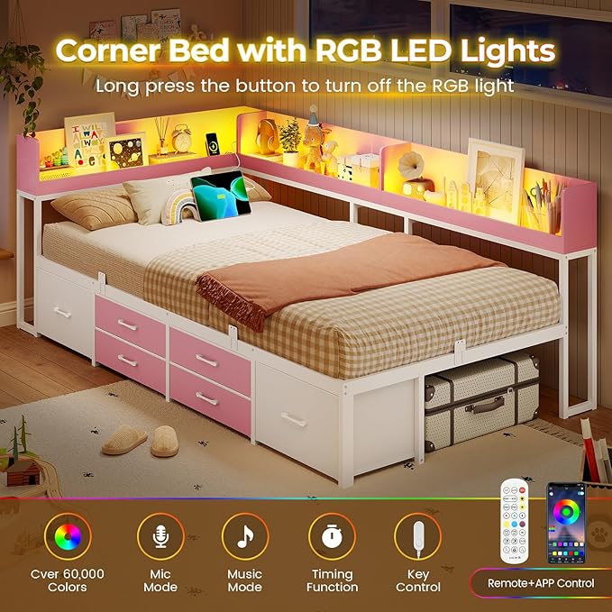 VIAGDO Corner Bed Frame with Storage Bookcase and 6 Drawers, Twin XL Metal Platform Corner Bed Frame with LED Lights and Charging Station, Twin XL Daybed for Kids Teenagers, Pink