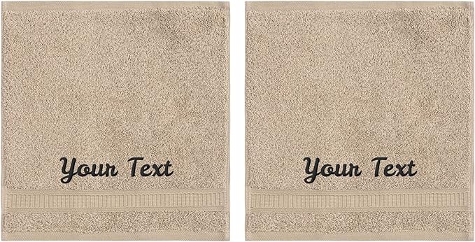 Personalized Towels, Luxury Turkish Genuine Cotton Monogrammed Towel Washcloths for Bathroom, Kitchen, Hotel, Spa, Gym & College Dorm, 2 Pack Washcloth Set for Body & Face, Baby and Adults, Beige