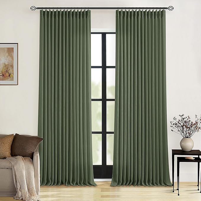 Olive Green Pinch Pleated Linen Curtains 92 Inches Long 2 Panels for Living Room Bedroom Semi Sheer Pinch Pleat Drapes with Hooks Rings Boho Farmhouse Light Filtering Window Curtain 40x92