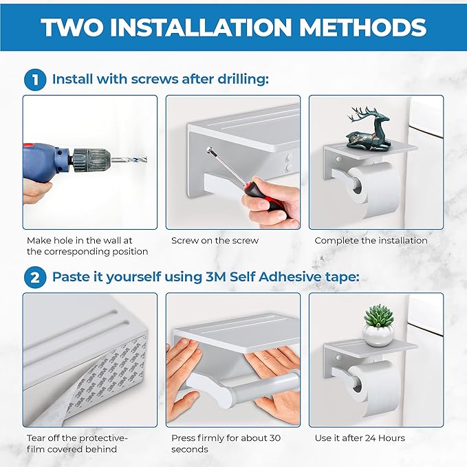 Toilet Paper Holder with Phone Shelf - Tissue Roll Holder Bathroom Storage Dispenser - Adhesive Toilet Paper Holder Wall Mount Bathroom Décor - Matte White