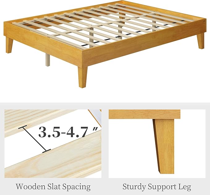 Yaheetech Queen Bed Frame Natural Solid Wood Platform Bed with Wooden Slats Support, 7.3-inch Underbed Space for Storage, Noise-Free Design, Easy Assembly, Natural Wood Finish