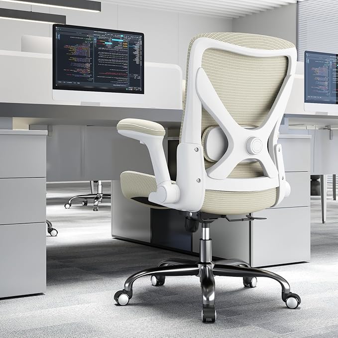 Office Home Ergonomic Desk Chair-Computer X-Shaped Chair Mesh PU Leather with Adjustable Lumbar Support-Executive Chair High Back Flip-Up Arms for Long Hours (Beige-No Headrest)