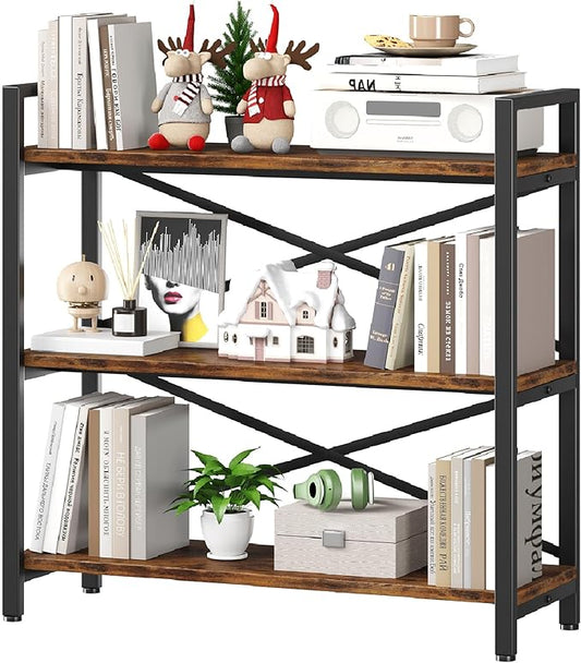3 Tier Bookshelf 31.49" Width, Wood and Metal Etagere Bookcase, Vintage Farmhouse Modern Wooden Big Book Shelf for Home Living Room Bedroom Office Storage(Rustic Brown)