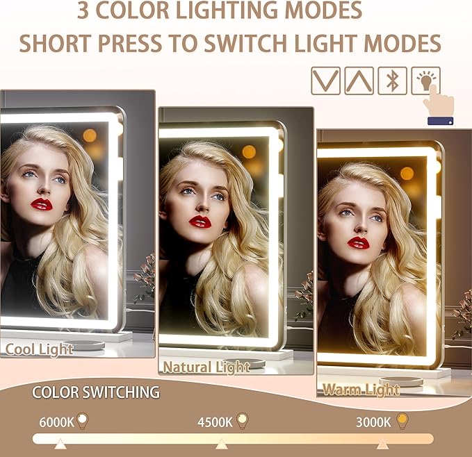 Hasipu Vanity Mirror with Lights and Bluetooth Speaker, 47.2" x 29.5" LED Makeup Mirror, Lighted Makeup Mirror with Dimmable 3 Modes, Touch Screen Control Vanity Mirror Round White