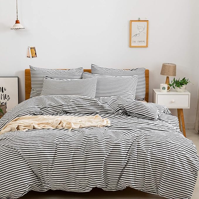 JELLYMONI 100% Natural Cotton 2pcs Striped Duvet Cover Sets,White Duvet Cover with Black Stripes Pattern Printed Comforter Cover,with Zipper Closure & Corner Ties(Twin Size)