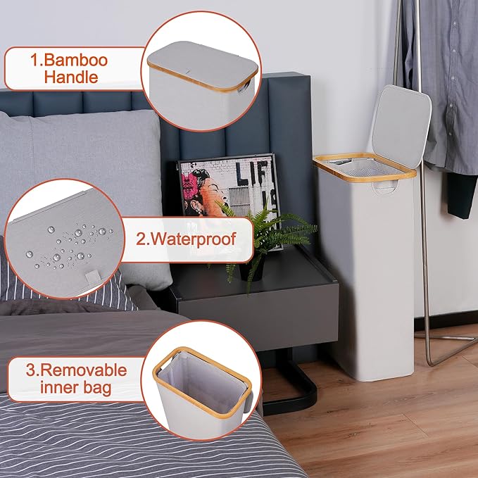 efluky Slim Laundry Hamper with Lid, Narrow Laundry Hamper with Removable Bag, Collapsible Dirty Clothes Basket with Handles for Bathroom, Bedroom & Laundry Room, 75L Light Grey