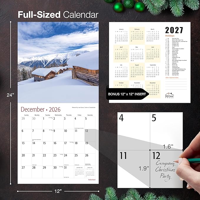 MICASA PRESS Switzerland 2026 Wall Calendar 12 Month | 12" x 24" Open | Thick & Sturdy Paper | Holiday Gift | Swiss Europe Travel Calendar 2026