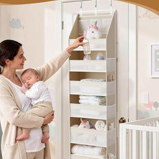 Criusia Over the Door Organizer, 6-Shelf Closet Hanging Storage with 13 Mesh Pockets, 55lbs Capacity Behind the Door Storage for Baby Nursery, Bathroom, Bedroom, and Dorm, Beige