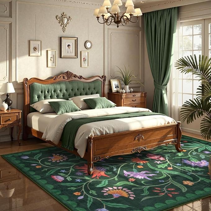 Lahome Boho Floral Washable Green 5x7 Area Rugs for Living Room, Non Slip Rugs for Bedroom Entryway, Indoor Ultra-Thin Throw Dining Room Carpet for Under Table Kitchen Dorm(Forest Green,5x7)