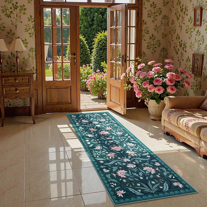 Lahome Boho Floral 2x6 Rug Runners for Hallways Non Slip, Dark Teal Kitchen Runner Rugs Non Skid Washable Bathroom Carpet Runner, Soft Non-Slip Runners for Entryway Laundry(Dark Teal,2x6)