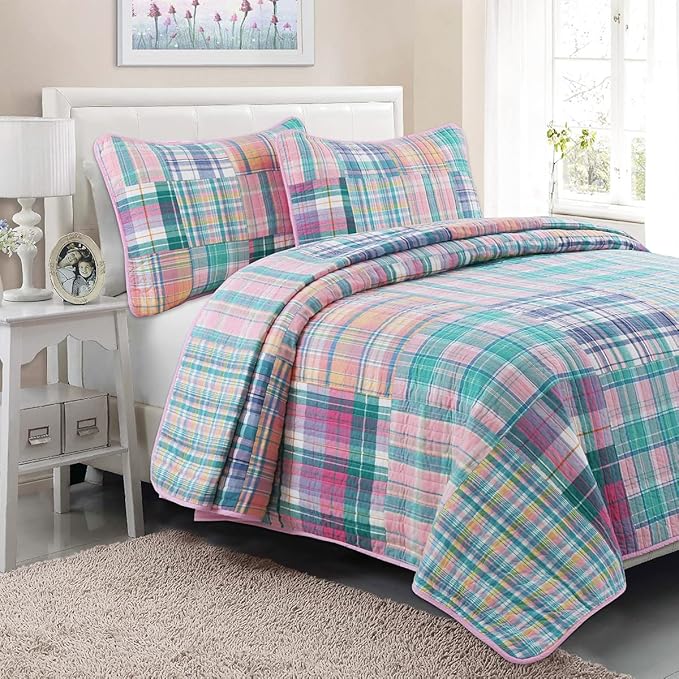 Cozy Line Home Fashions 100% Cotton Real Patchwork Pink Blue Green Reversible Quilt Bedding Set, Bedspread, Coverlet (Pink Plaid, Twin - 2 Piece)