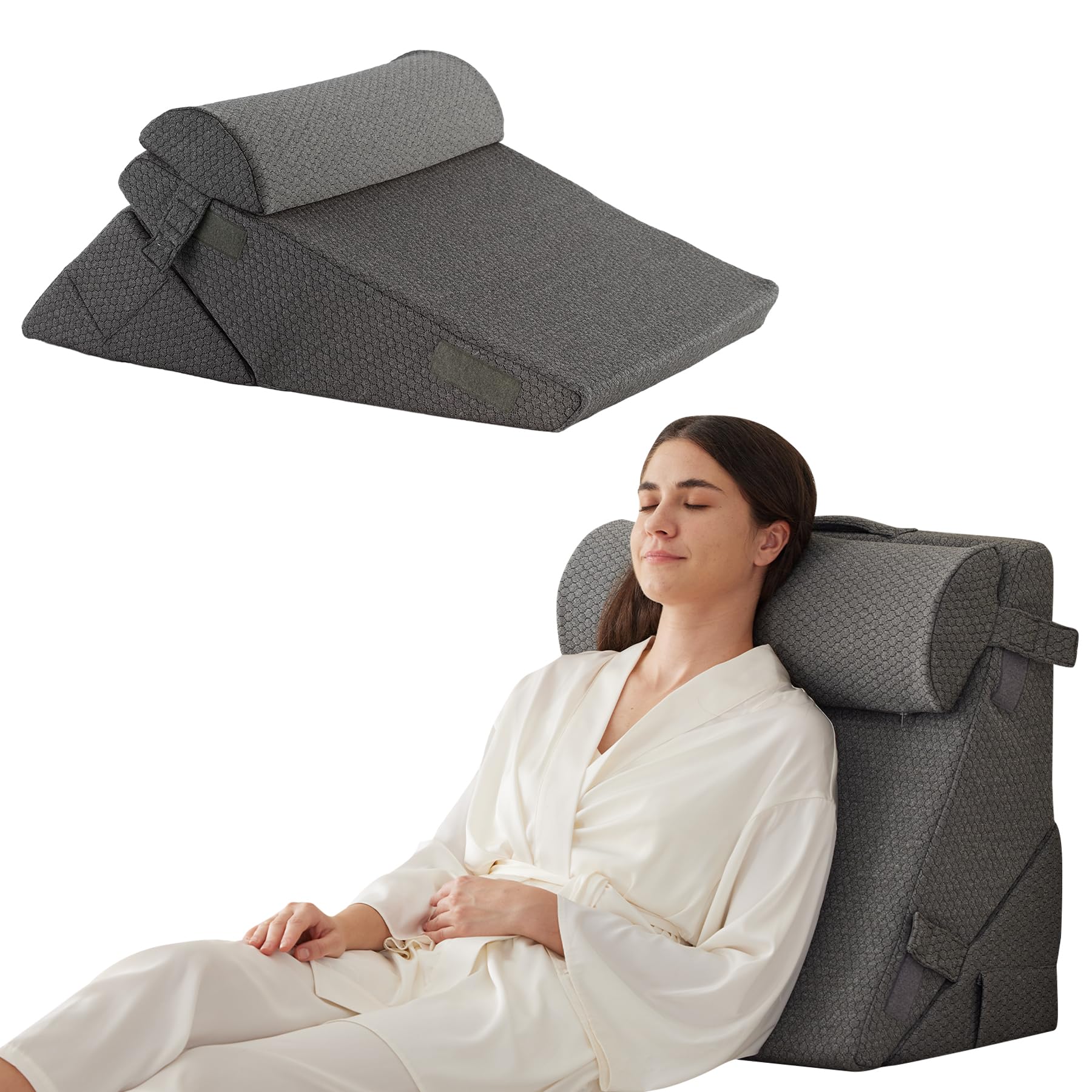 Bedluxe Wedge Pillow Headboard, 3PCS Orthopedic Bed Wedge Pillows Set for After Surgery, Adjustable Pillow Wedge for Acid Reflux&Back Pain Relief, Sleeping, Back Pillow for Bed Sitting Up, White/Grey Dormly