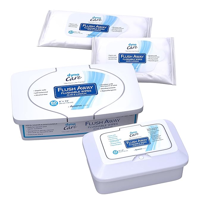 Dynarex 1321 DynaCare Flushable Wipe, For Adults, Alcohol-Free, Safe for Sewers and Septic Systems, 9" x 13", Pack of 540