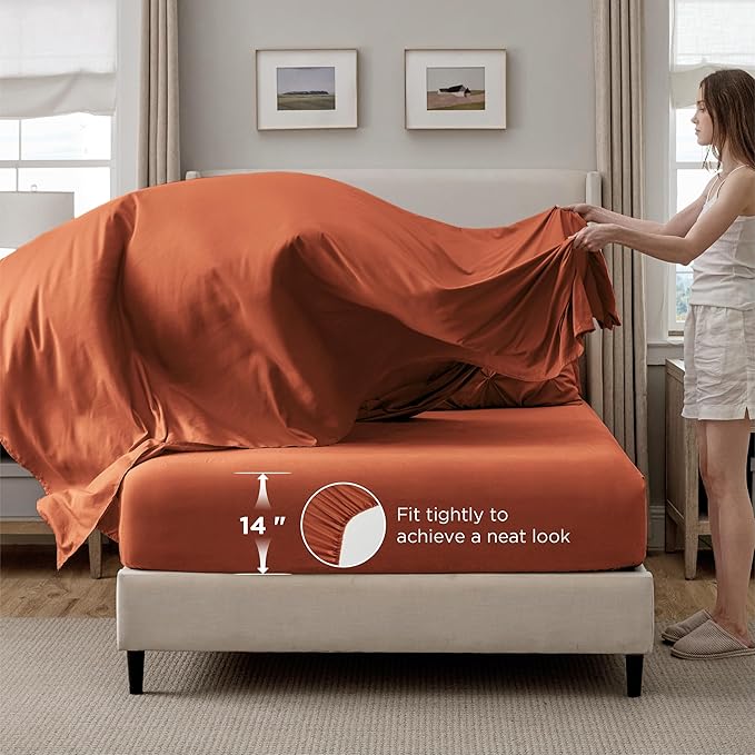Bedsure Twin Comforter Sets - 5 Pieces Pintuck Bedding Sets Twin Size, Pinch Pleat Burnt Orange Bed in a Bag Twin with Comforter, Sheets, Pillowcase & Sham
