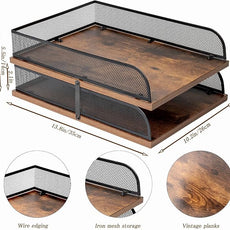 Set of 2 Vintage Wood & Metal Letter Tray，Desk Organizers Paper Tray，Office File Organizer(Black)