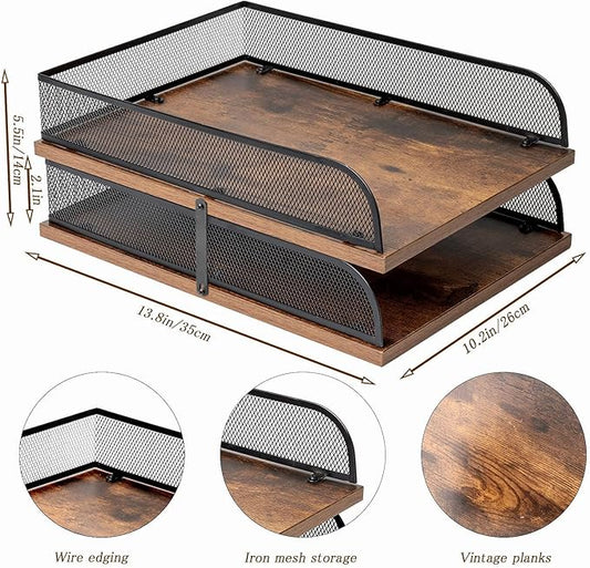 Set of 2 Vintage Wood & Metal Letter Tray，Desk Organizers Paper Tray，Office File Organizer(Black)