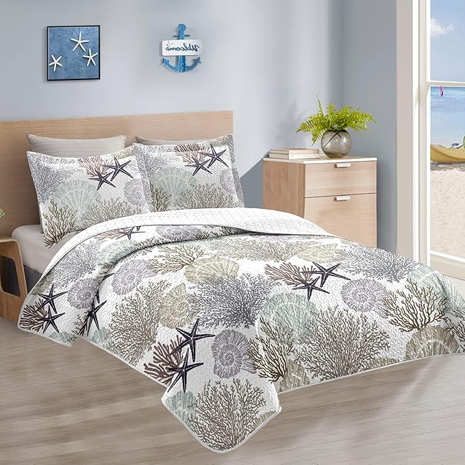Tritard 3 Piece Coastal Quilt Sets Full/Queen Size - Reversible Microfiber Quilts with 2 Shams Soft Lightweight Beach Bedding Nautical Bedspread Summer Comforter Set for All Season, 90''x96'', C2