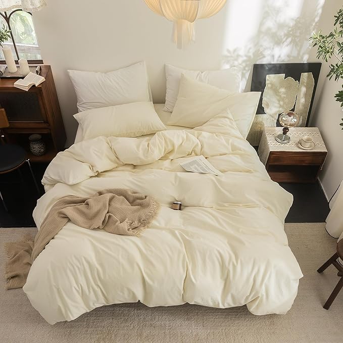 FOSSA Duvet Cover Set 100% Washed Cotton Linen Feel Super Soft Breathable Cozy 3 Pieces Bedding Sets Solid Cream White Twin