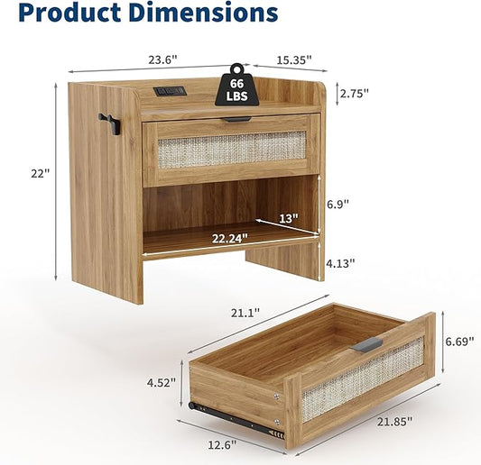 Rattan Nightstand, Bedside Table with Type-C Charging Station - 1 Storage Drawer & Open Storage Space, Boho End Table Side Table for Bedroom Office, Large Night Stand with Charging Port