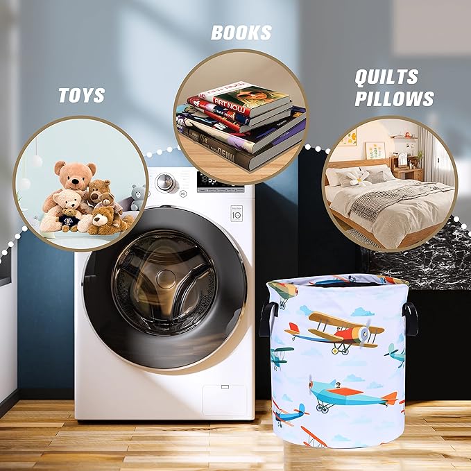Funny Plane Laundry Basket Foldable Oxford Cloth Tote Bag Laundry Hamper Clothes Storage Bucket Organizer For Bathroom/Laundry Storage/Bedroom Storage Basket 17.7x13.7 Inch