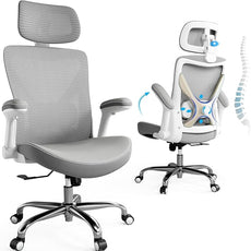 Office Home Ergonomic Desk Chair-Computer X-Shaped Chair Mesh PU Leather with Adjustable Lumbar Support-Executive Chair High Back with Headrest Flip-Up Arms for Long Hours (Grey)