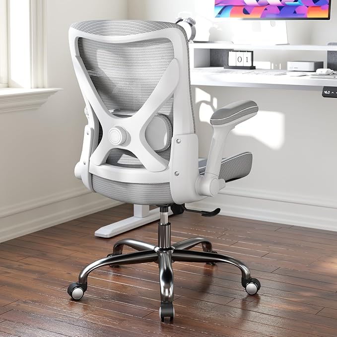 Office Home Ergonomic Desk Chair-Computer X-Shaped Chair Mesh PU Leather with Adjustable Lumbar Support-Executive Chair High Back Flip-Up Arms for Long Hours (White-Grey-No Headrest)