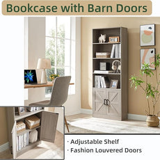 70in Tall Bookshelf 6 Tier Bookcase with Barn Doors and Adjustable Shelf, Oak Grey Farmhouse Book Shelves with Storage Cabinet, Wood Floor Standing Display Bookshelve for Bedroom, Living Room