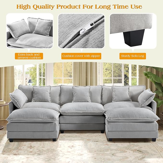 113.4" Modular Sectional Sofa,U Shaped Couch for Living Room,Modern Deep Seat Sofa 3 Seater Chenille Fabric Comfy Cloud Couches with Throw Pillows & Movable Ottoman