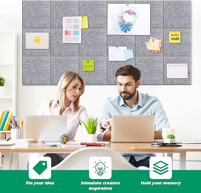 Large Corkboard Alternative - 11.8"x11.8"x0.35" 12 Pack Felt Wall Tiles Self-Adhesive Safe Removable Large Corkboard Bulletin Board Felt Cork Board for Walls Office 48 x 36-Light Gray
