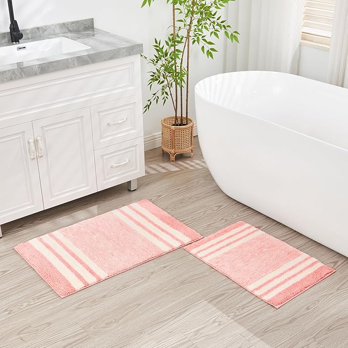 CozeCube Bath mats for Bathroom Non Slip, Fluffy Absorbent Microfiber Bath mat Washable, Aesthetic Bathroom Rugs, Small Blossom Pink Striped Bath mat, Blossom Pink, 24" x 16"