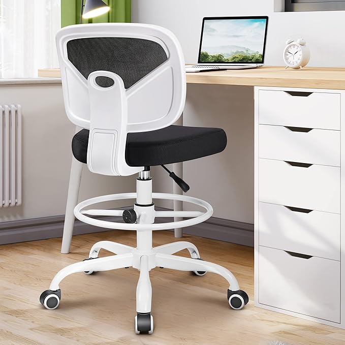 Primy Armless Mid-Back Ergonomic Standing Desk Chair - Mesh Rolling Tall Chair, Adjustable Height and Footring, Art Room, Office or Home (White)