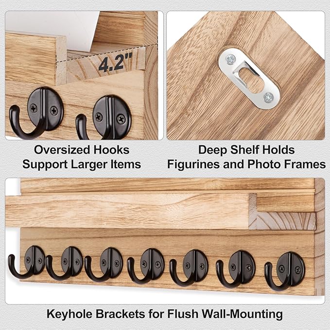 Key Holder Wall Mount, Entryway Key and Mail Holder with 7 Sturdy Hooks for Sunglasses, Dog Leash, Decorative Wall Shelf with Mounting Hardware, 15”W x 6.7”H x 4.2”D (Wood)