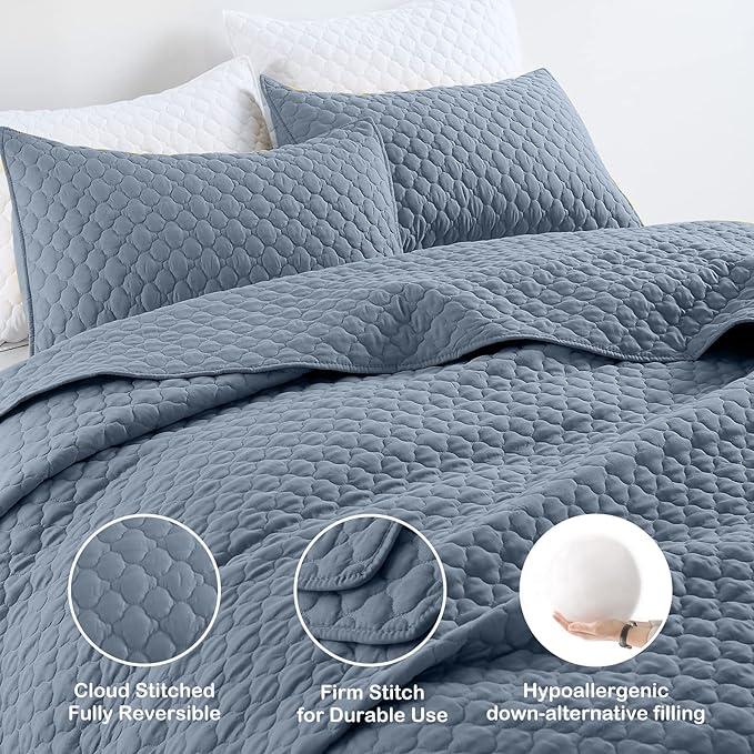 HORIMOTE HOME Quilt Twin Size Dusty Blue, Lightweight Quilt for Summer Ultra-Soft Microfiber Modern Style Quilted Clouds Pattern Bedspread Quit Set 2 Pieces (1 Quilt and 1 Pillow Sham)