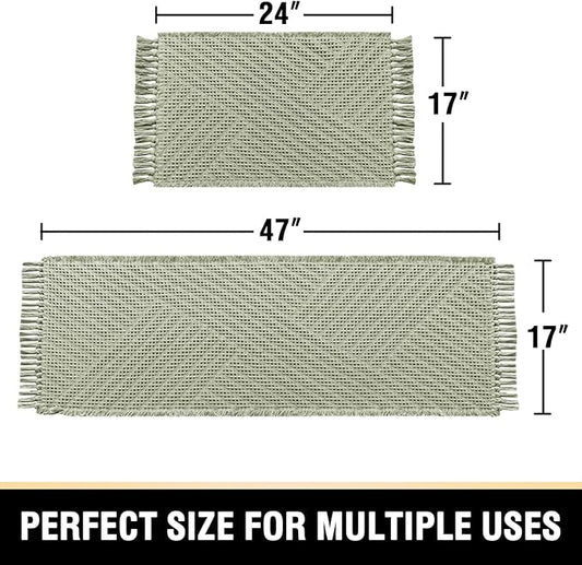 H.VERSAILTEX Waffle Bath Mat Super Absorbent Boho Bath Mat Non Slip Bath Rugs for Bathroom Floor Machine Washable Dry Fast Bathroom Rugs with Tassels (47 x 17 Plus 17 x 24 Inches, Sage)