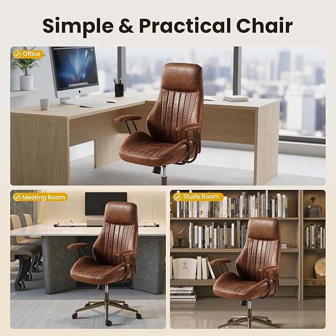 Home Office Desk Chair, Mid-Century Modern Office Chair with Adjustable Lumbar Support, Adjustable Height Executive Chair with 360 Rolling Swivel for Meeting Study Room(High Back, Dark Brown)